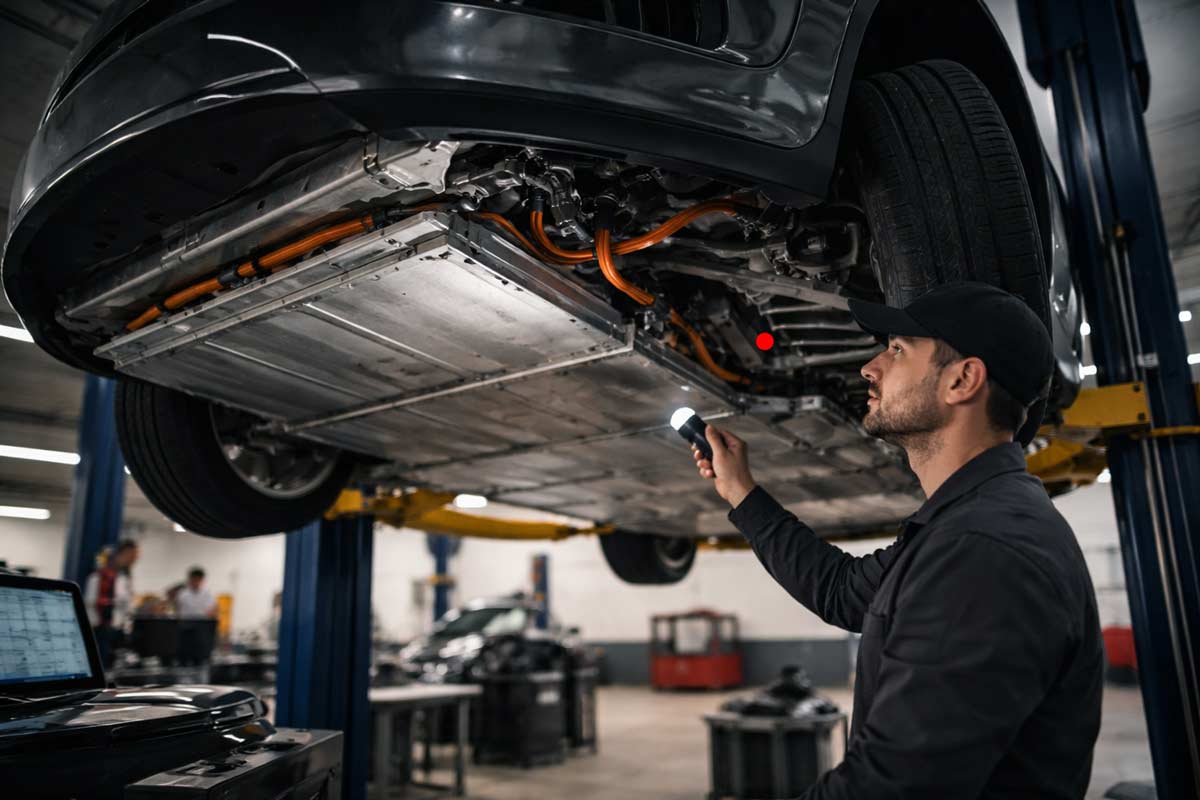 Technician inspecting Tesla Model Y battery pack underside on lift in auto repair shop