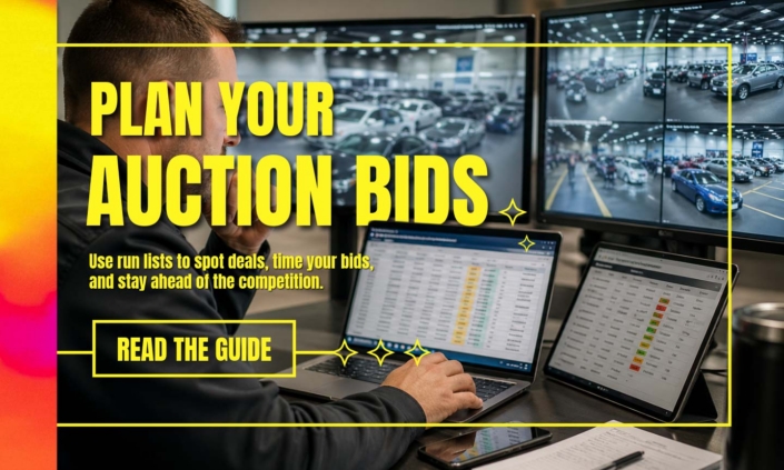 Plan Your Auction Bids banner showing how to use run lists to spot deals, time bids, and stay ahead of competition