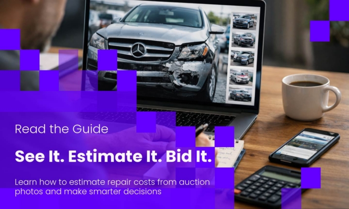Banner reading See It. Estimate It. Bid It. estimate repair costs from auction photos and bid with confidence