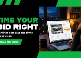 Time Your Bid Right banner showing the best days and times to bid and secure lower prices at online car auctions