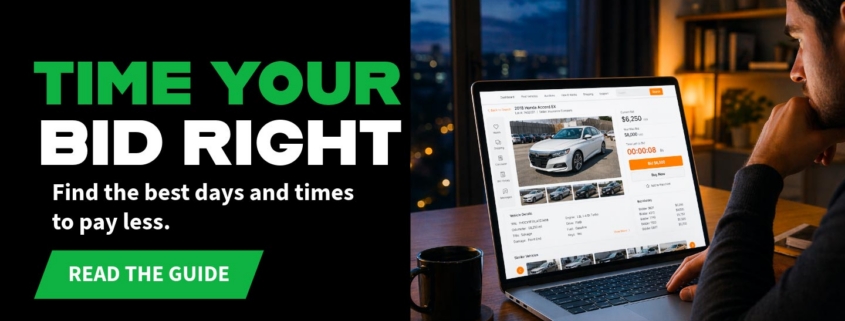 Time Your Bid Right banner showing the best days and times to bid and secure lower prices at online car auctions