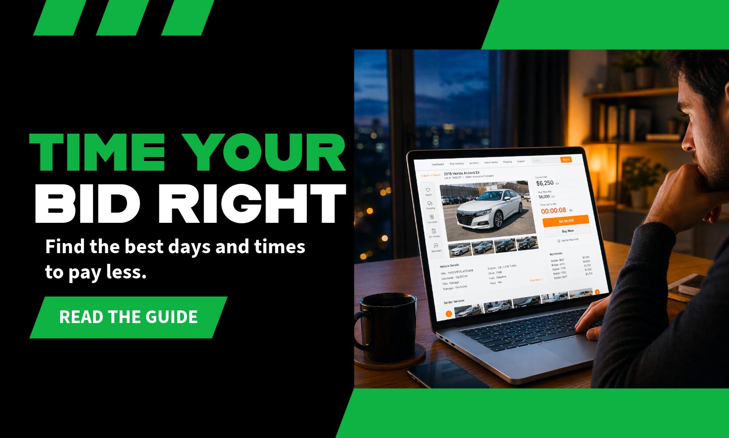Time Your Bid Right banner showing the best days and times to bid and secure lower prices at online car auctions