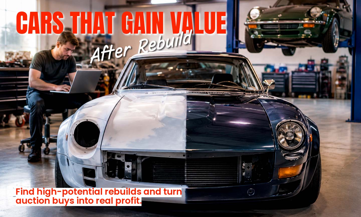 Banner reading “Cars That Gain Value After Rebuild—Find high-potential rebuilds and turn auction buys into real profit.”