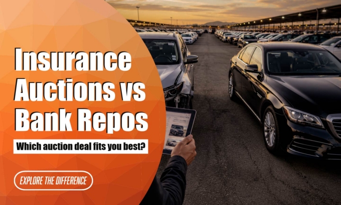 Insurance Auctions vs Bank Repos banner showing auction vehicles comparison with the message “Which auction deal fits you best?” for online car auction buyers.