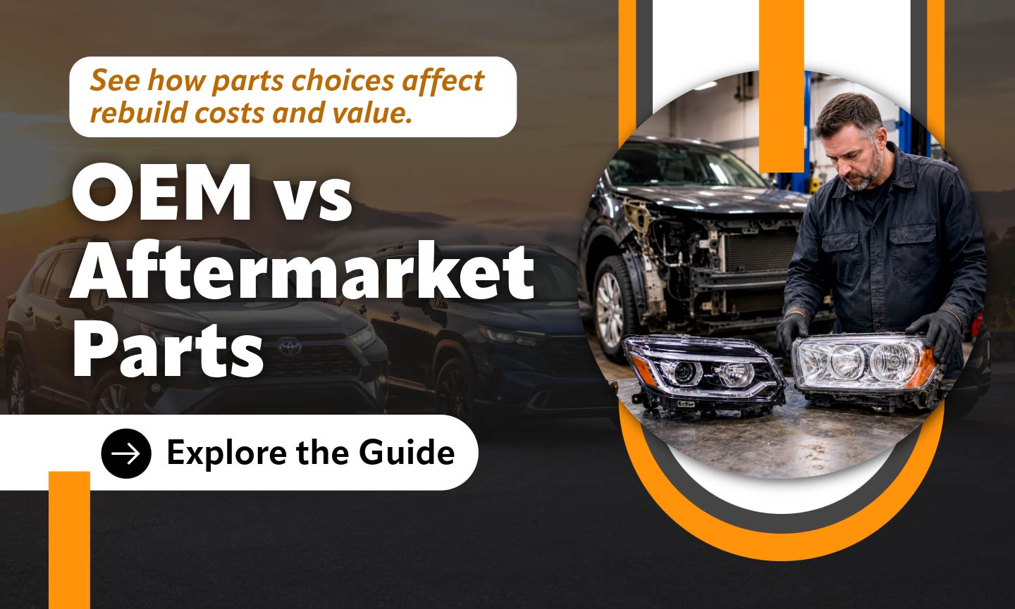OEM vs Aftermarket Parts banner showing how parts choices affect salvage rebuild costs and vehicle value