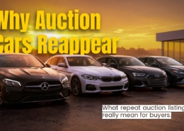 Banner showing several cars at sunset with bold yellow text: 'Why Auction Cars Reappear' and a subtitle about what repeat auction listings mean for buyers.