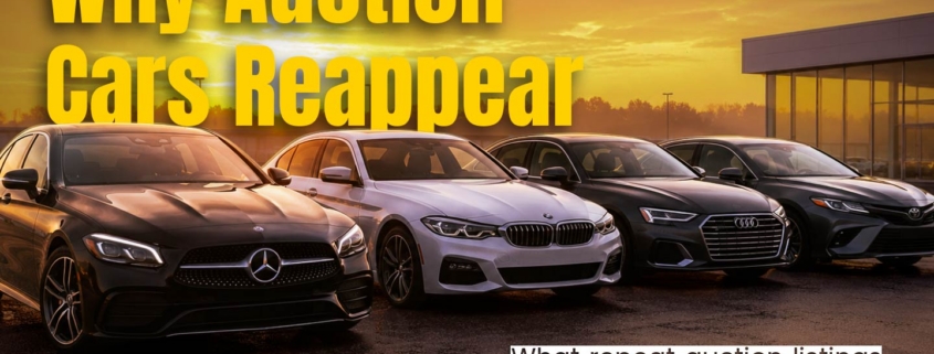 Banner showing several cars at sunset with bold yellow text: 'Why Auction Cars Reappear' and a subtitle about what repeat auction listings mean for buyers.