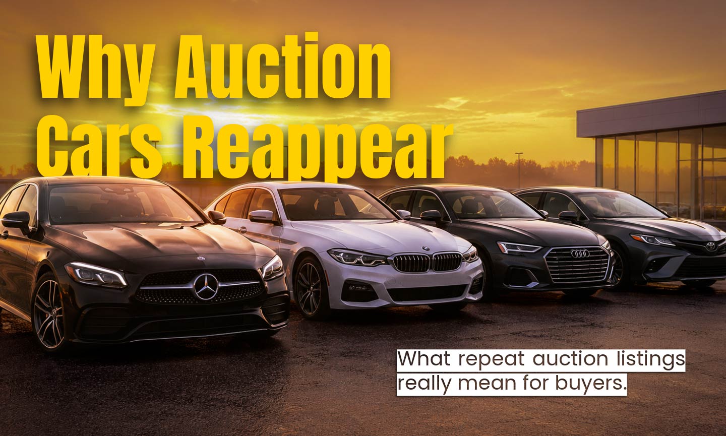 Banner showing several cars at sunset with bold yellow text: 'Why Auction Cars Reappear' and a subtitle about what repeat auction listings mean for buyers.