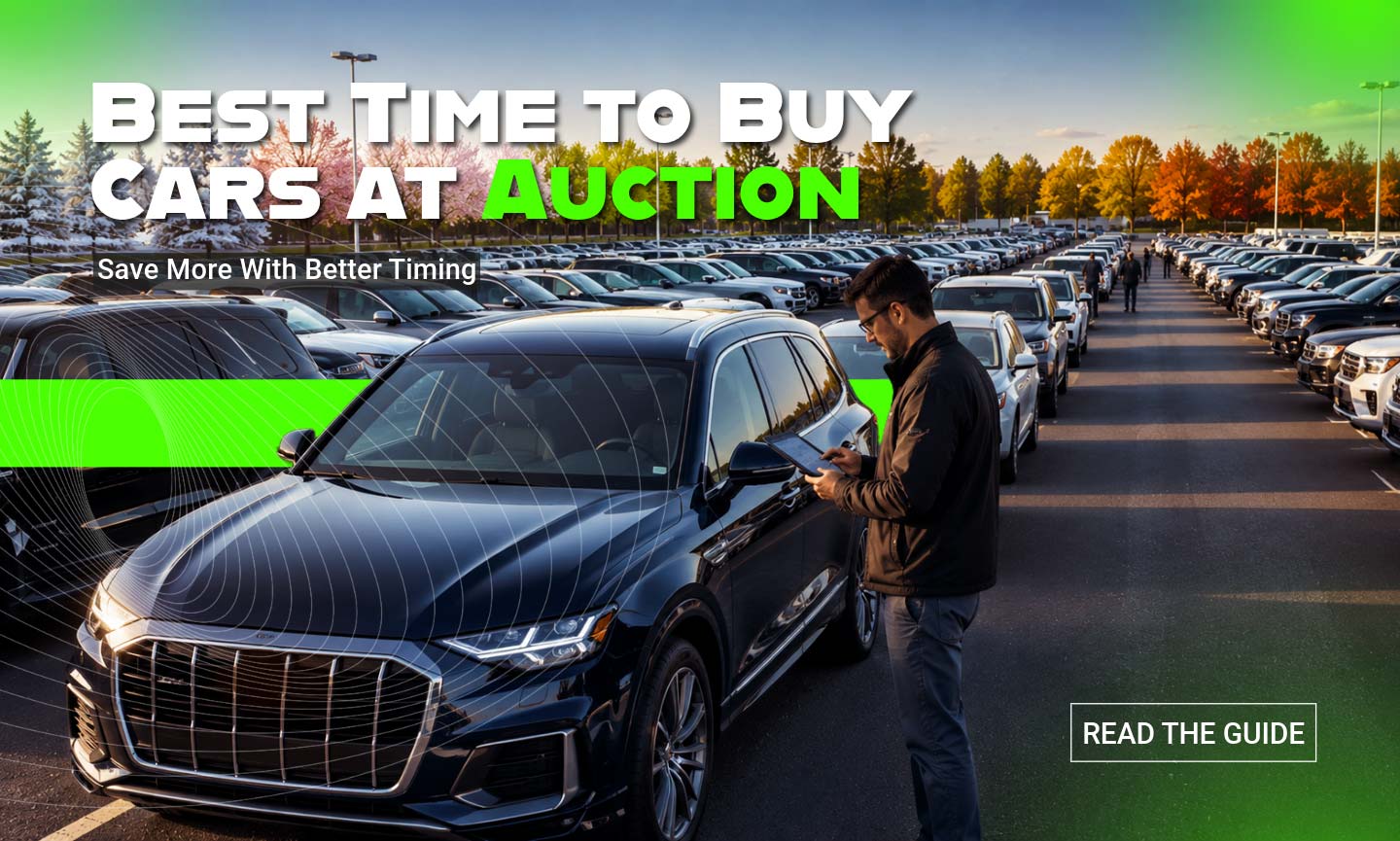 Best Time to Buy Cars at Auction - Save More With Better Timing. Professional buyer reviewing auction inventory while comparing seasonal vehicle buying opportunities at a large auto auction facility.