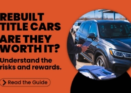Buyer reviewing vehicle history reports while comparing rebuilt title and clean-title vehicles
