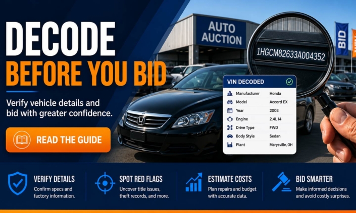 Decode Before You Bid website banner with the message Verify vehicle details and bid with greater confidence for smarter auction car buying using VIN decoding