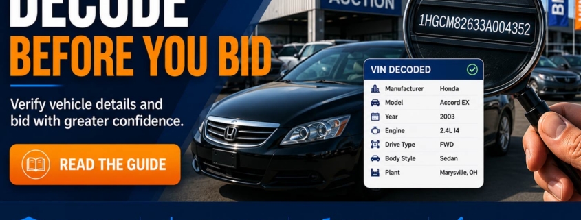 Decode Before You Bid website banner with the message Verify vehicle details and bid with greater confidence for smarter auction car buying using VIN decoding