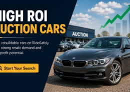 High ROI auction cars banner with BMW 3 Series at an auto auction