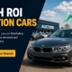 High ROI auction cars banner with BMW 3 Series at an auto auction
