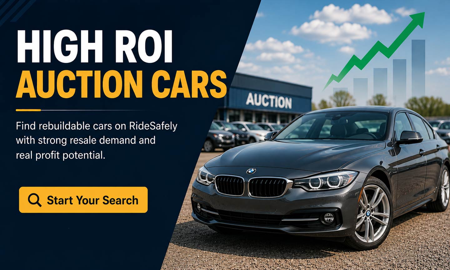 High ROI auction cars banner with BMW 3 Series at an auto auction