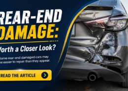 Wide website banner for an article about rear-end damage cars, featuring a damaged car rear