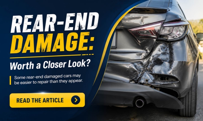 Wide website banner for an article about rear-end damage cars, featuring a damaged car rear