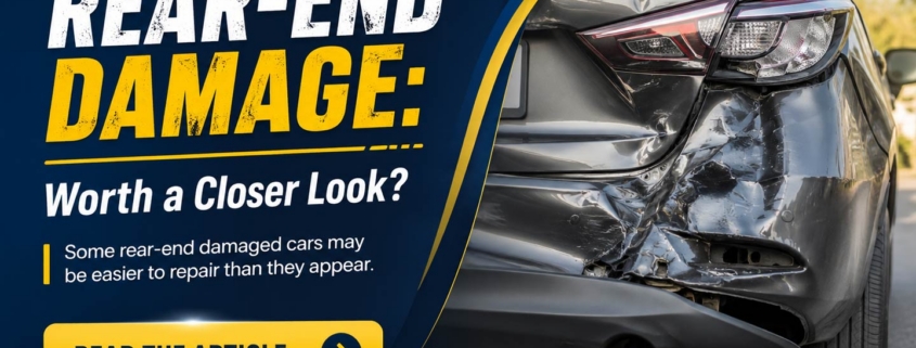 Rear-End Damage Cars Banner | Worth a Closer Look? | RideSafely | RideSafely Wide website banner for an article about rear-end damage cars, featuring a damaged car rear