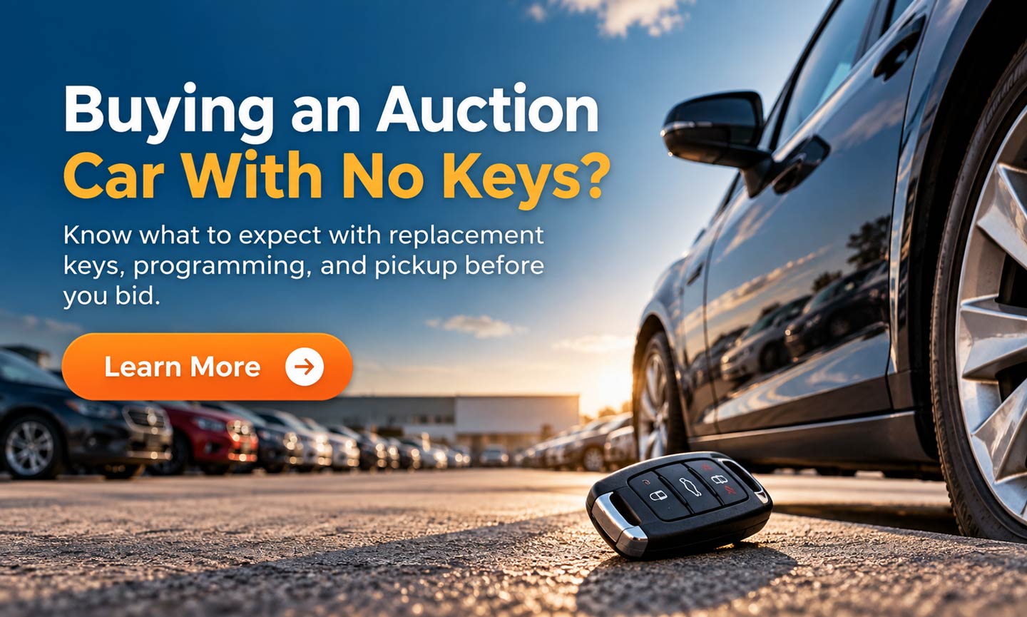 Auction Cars With No Keys Buyer Guide | RideSafely | RideSafely Auction car with no keys in a vehicle lot with key replacement and bidding guidance