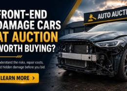 Front-end damaged car at auction with tips on repair risks, hidden damage, and buying considerations