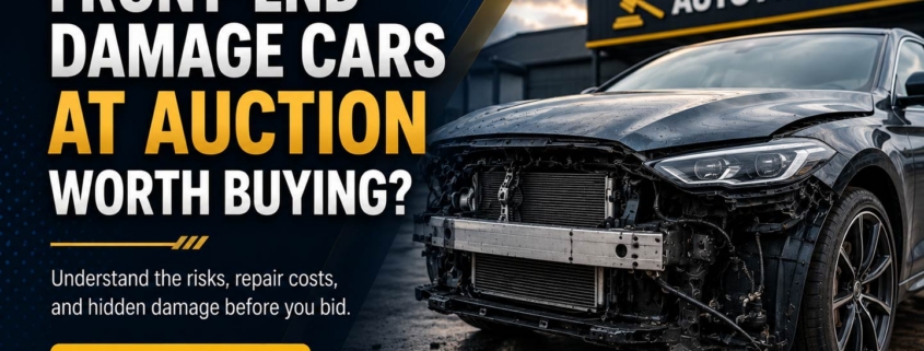 Front-End Damage Cars at Auction: Worth Buying? | RideSafely | RideSafely Front-end damaged car at auction with tips on repair risks, hidden damage, and buying considerations