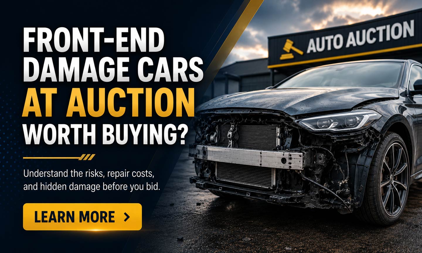 Front-End Damage Cars at Auction: Worth Buying? | RideSafely | RideSafely Front-end damaged car at auction with tips on repair risks, hidden damage, and buying considerations