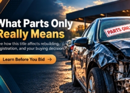 Damaged auction vehicle marked Parts Only with a guide to rebuilding, registration, and bidding