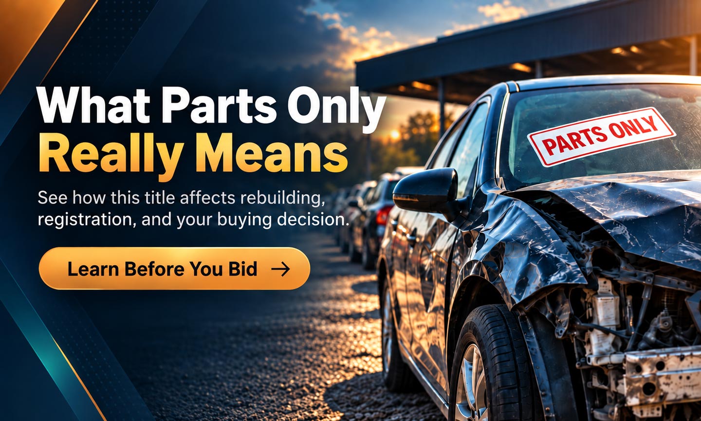 What Parts Only Means at a Salvage Auction | RideSafely | RideSafely Damaged auction vehicle marked Parts Only with a guide to rebuilding, registration, and bidding