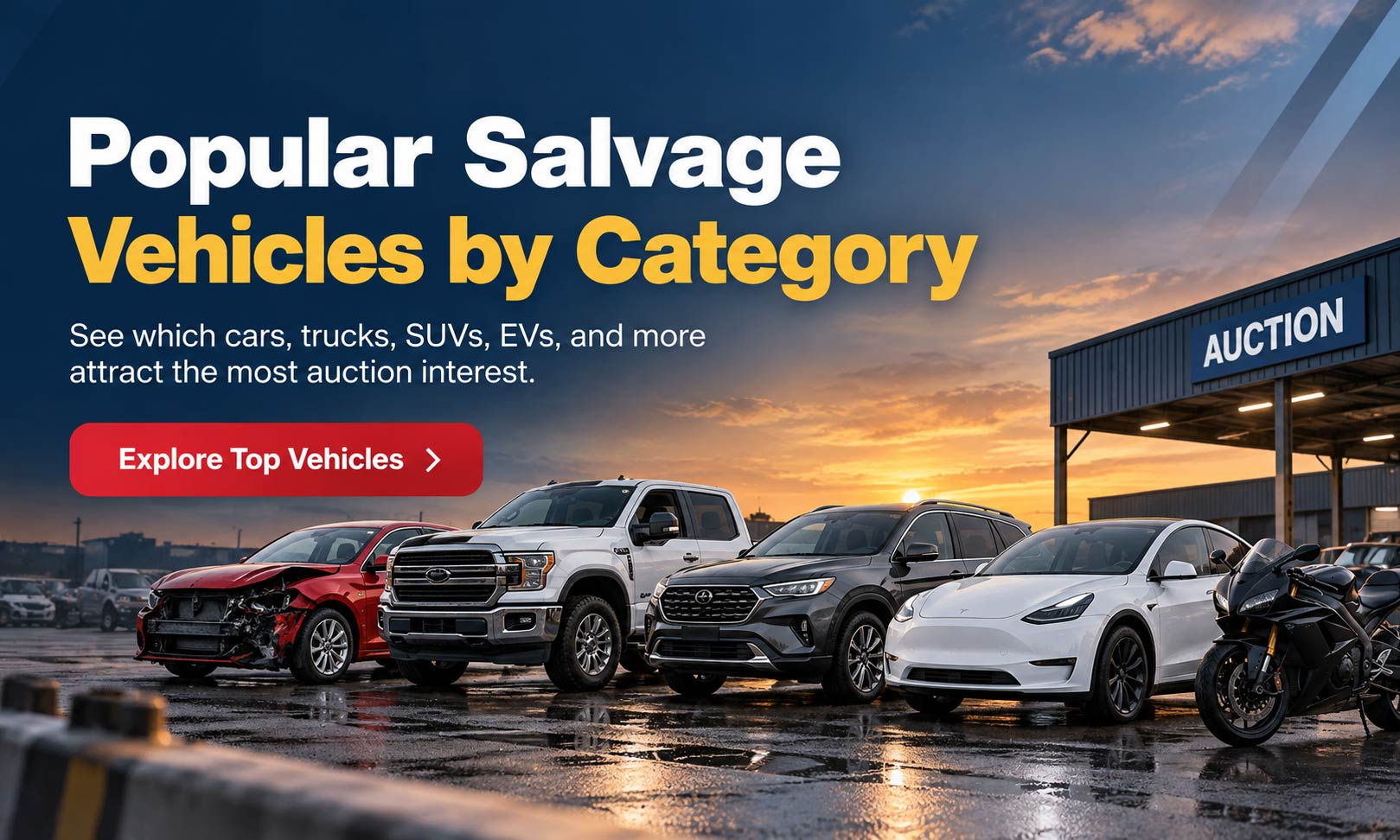 Popular salvage cars, trucks, SUVs, EVs, and motorcycles at an online auto auction