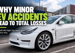 White Tesla Model 3 with minor side collision damage, illustrating why electric vehicles can be declared a total loss.