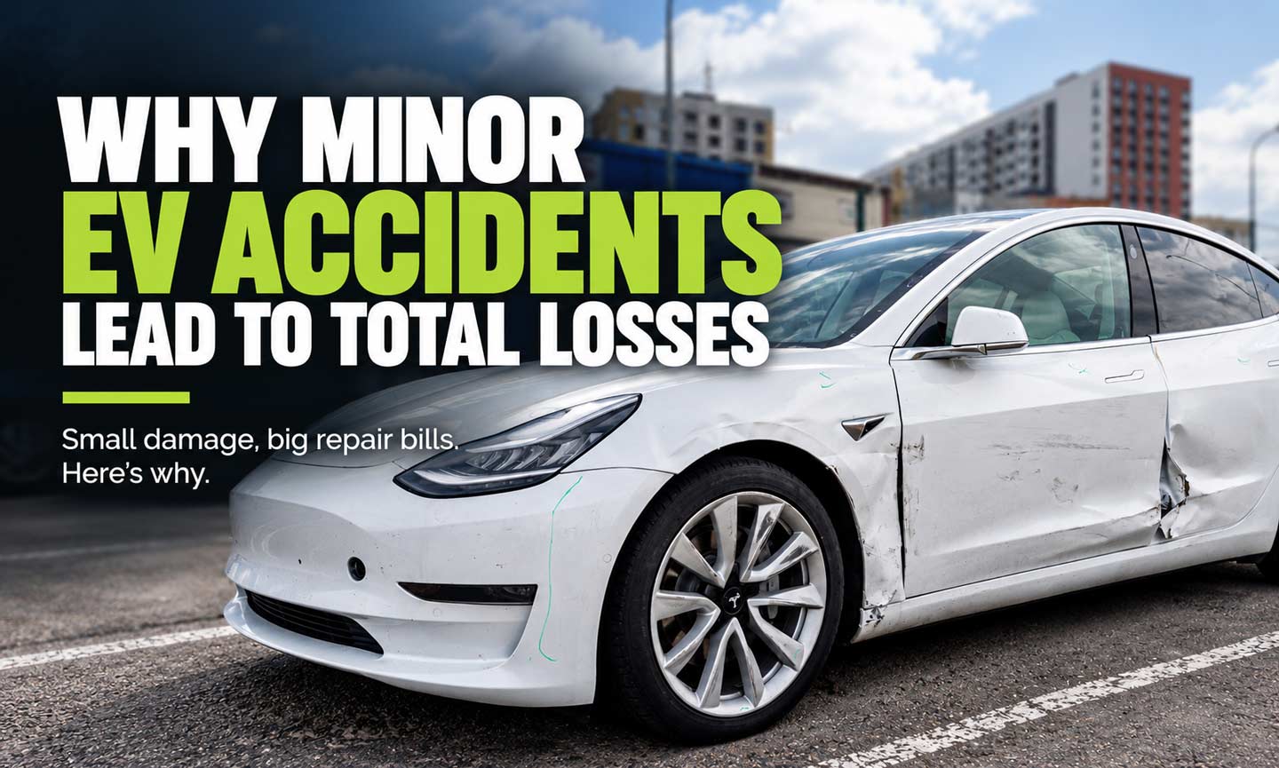 White Tesla Model 3 with minor side collision damage, illustrating why electric vehicles can be declared a total loss.