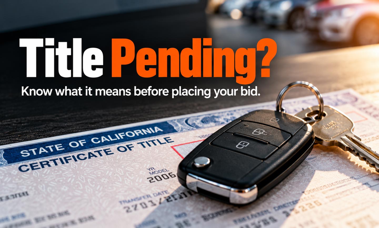 Car keys resting on a vehicle title with a banner explaining what title pending means at a car auction.